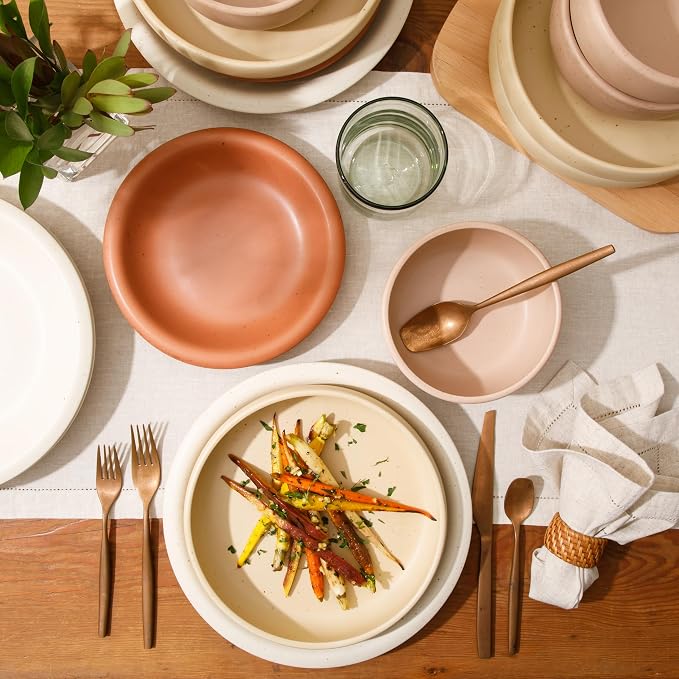 Bloomhouse Corsica Clay Dinnerware Set - Stackable Colorful Boho Reactive Glaze Plates and Bowls Set -2 Time Oprah's Favorite Things Brand- 16 Piece (Service for 4)- Matte Assorted Pottery Colors
