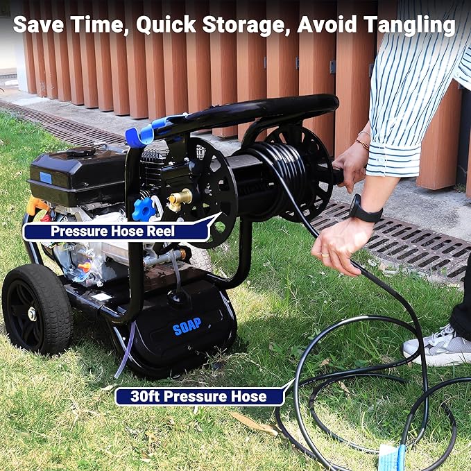 3600 PSI Gas Pressure Washer, 2.3 GPM Heavy-Duty Power Cleaner with 212CC Engine, 5 Quick-Connect Nozzles, 30FT Hose & Reel, Maintenance-Free Axial Cam Pump, for Commercial, Home Cleaning