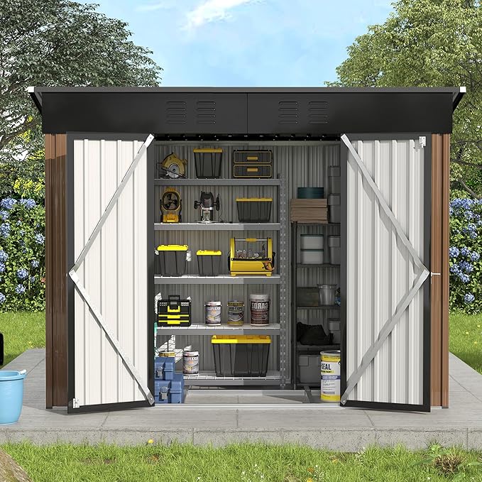 UDPATIO Outdoor Storage Shed 8x4 FT, Outside Sheds & Outdoor Storage Metal Galvanized Steel Yard, Patio, Lawn, Tool Shed with Lockable Door for Can, Bike, Lawnmower, Generator,Brown