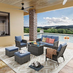 Yechen Patio Conversation Set with 44" Propane Gas Fire Pit Table - 6 Pcs Outdoor Wicker Furniture Set with Lid & Wind Shields - Luxury 7 Seats Sectional Sofa Set for Porch,Backyard
