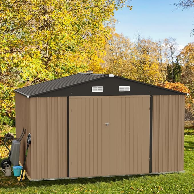 GUNJI 10 x 8 FT Shed Outdoor Storage Shed Metal Garden Shed with Lockable Door Outside Waterproof Tool Shed for Backyard, Patio, Lawn (Brown)