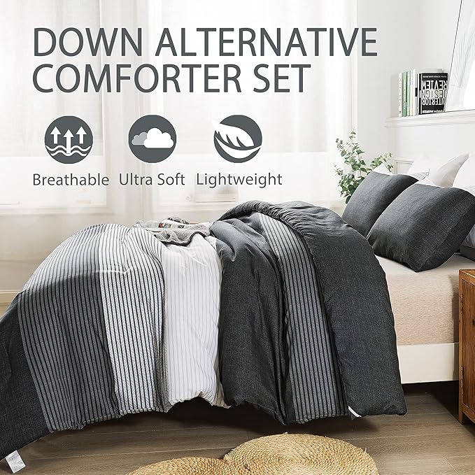 Andency Black Comforter King Size, 3 Pieces Black White Gray Patchwork Striped Comforter (104x90 Inch), Soft Microfiber Down Alternative King Comforter Bedding Sets with Corner Loops
