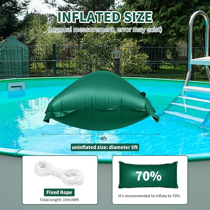 Pool Pillow for for Above Ground Pools, 4x8 Ft Pool Air Pillow for Closing Winter Pool Winterizing Kit for Ground Pool, 0.5mm PVC Material, 2X 16.5Ft Rope (Green)