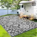 Waterproof Outdoor Rug 9x18 Reversible Plastic Straw Patio Rug, Stain-Resistant Vintage Medallion Carpet, Large Indoor Outdoor RV Mat for Deck, Camping, Balcony, Grey White