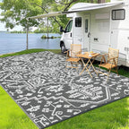 Waterproof Outdoor Rug 9x18 Reversible Plastic Straw Patio Rug, Stain-Resistant Vintage Medallion Carpet, Large Indoor Outdoor RV Mat for Deck, Camping, Balcony, Grey White