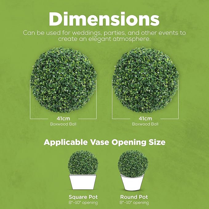 DRAY Premium 16.14" Faux Boxwood Balls – Set of 2 Artificial Topiary Spheres for Outdoor & Indoor Use – Realistic, UV-Resistant, Weatherproof Decorative Greenery – Check Measurements