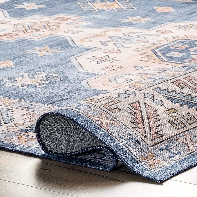 nuLOOM Norma Machine Washable Traditional Medallion Ultra Thin Area Rug, 3' x 5', Blue