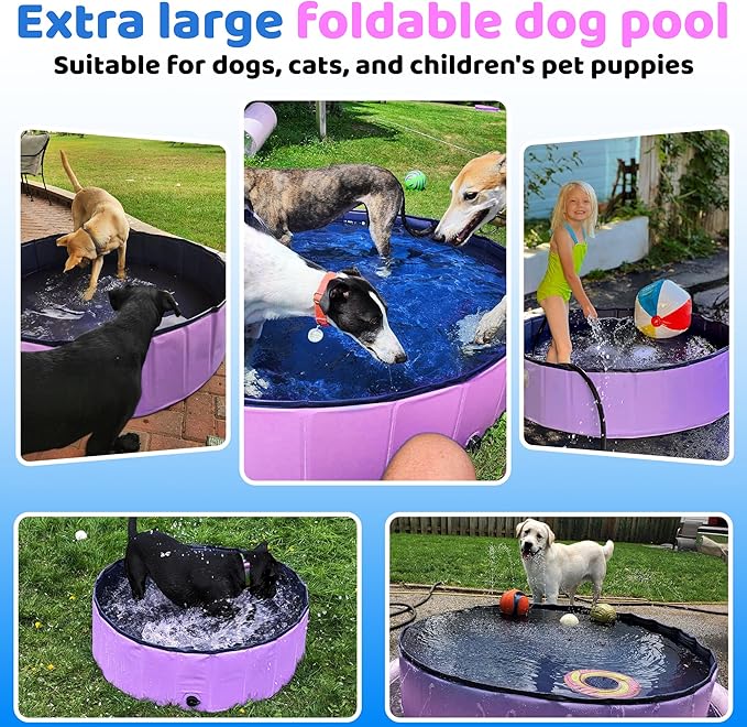 2025 Updated Foldable Dog Pool, 39.5" x 12" Kiddie Pool with Hard Plastic, Non-Slip Dog Bath Tub for Outdoor Backyard, Collapsible Dog Swimming Pool for Kids Dogs Pets (Pink)