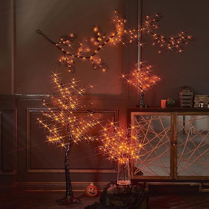LITBLOOM Halloween Tree with Lights Plug in 4FT 150 Orange Fairy Lights, Lighted Black Spooky Tree for Indoor Outdoor Home Fall Halloween Decoration