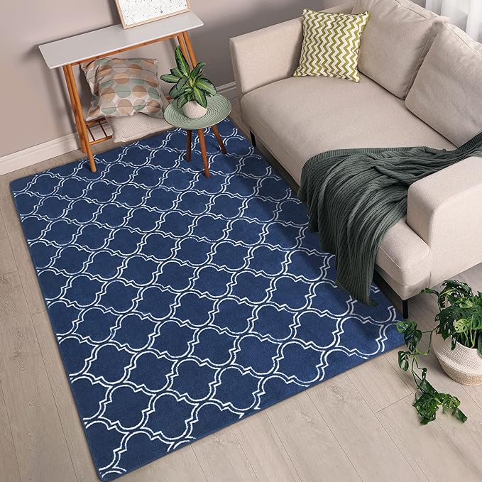 Chicrug Shag Geometric Modern Area Rug for Bedroom, 5x7 Feet Memory Foam Indoor Carpet, Fluffy Rug for Living Room Bedside Room Decor for Family Girls Kids Nursery Play Mat, Navy/White