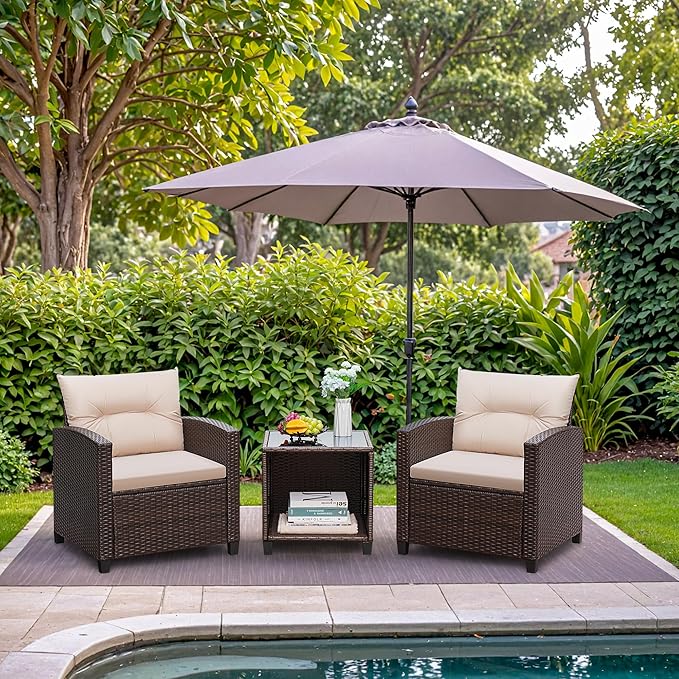 Greesum 3 Pieces Patio Furniture Sets Outdoor PE Rattan Wicker Chairs with Soft Cushion and Glass Coffee Table for Garden Backyard Porch Poolside, Beige