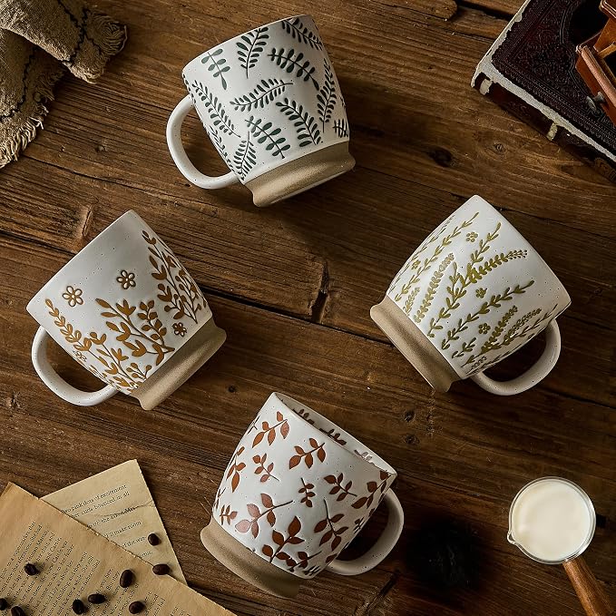 18 Oz Large Ceramic Coffee Mug Set of 4 - Rustic Handmade Floral Mugs with Handle, Microwave Safe for Latte Espresso Cappuccino Tea Cocoa Milk, Modern Unique Big Cups for Kitchen Women