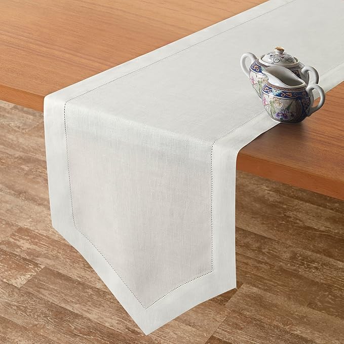 D'Moksha Homes Ivory Linen Table Runner 120 Inches Long - 100% Pure Linen Diamond Table Runner 14 x 120 Inch for Dining, Fall and Halloween - Machine Washable