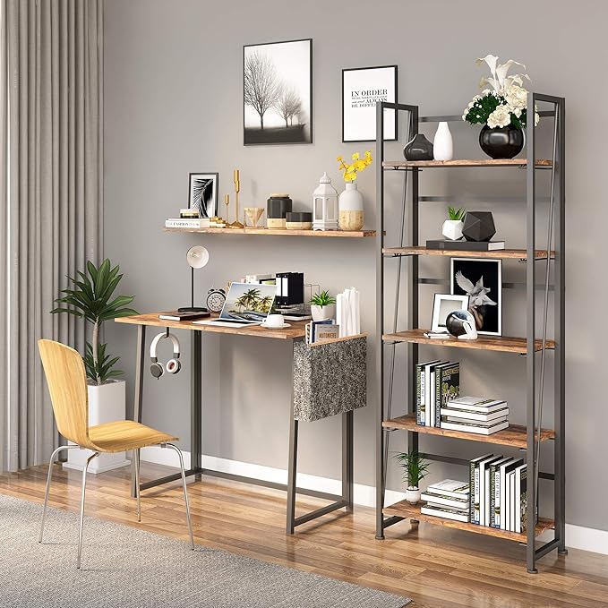 No-Assembly Folding Bookshelf Storage Shelves 5 Tiers Vintage Multifunctional Plant Flower Stand Storage Rack Shelves Bookcase for Home Office(Firestone and Black)