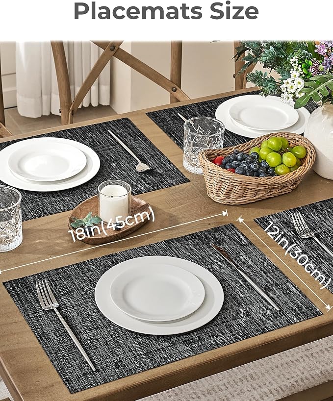 Leetaltree Black and Grey Woven Placemats Set of 6 - Heat Resistant Non-Slip Place mats for Dining Table, Washable Durable PVC Vinyl Woven Table Mats(Black & Grey, 6)