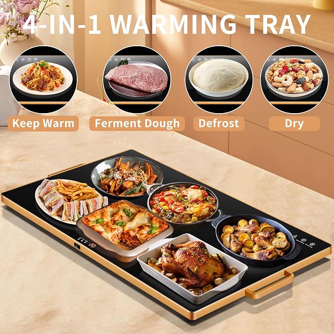 Warming Trays for Buffets Party, 32"x18", Tempered Glass Food Warmer, Black | Keep Food Warm, Gold Handles Food Warming Mat for Daily Use, With Thermostat, Button Temperature Control, Full Surface Warm