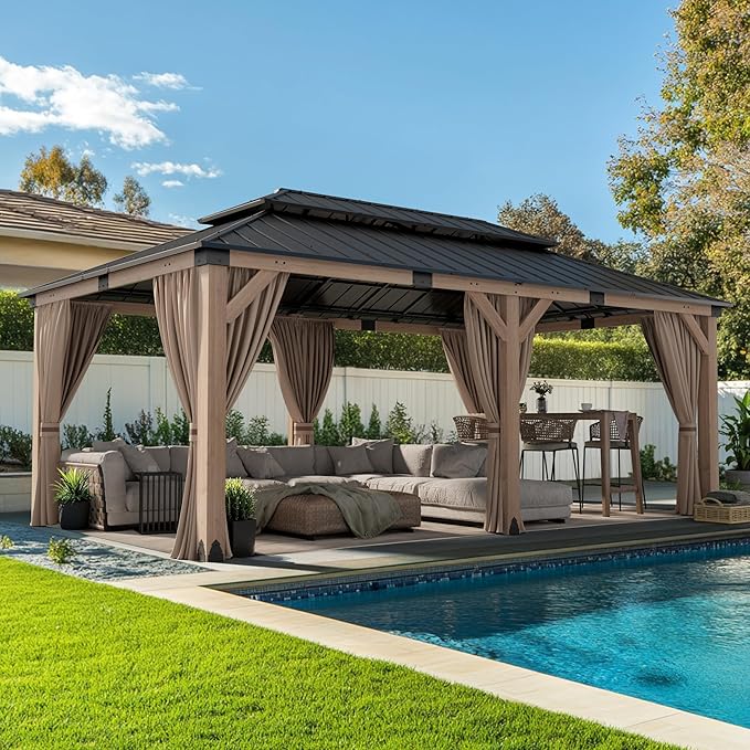 CHARMELEON 12'x20' Cedar Wood Gazebo Hardtop - Wooden Gazebos with Dual Metal Roof - Permanent Outdoor Gazebo - Large All Weather Patio Gazebo for Backyard, Deck & Garden - with Curtains & Netting