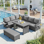 5 Piece Outdoor Furniture Patio Conversation with Dining Table&Bench, Sectional PE Wicker L-Shaped Sofa w/2 Extendable SideTable&Cushions&Washable Covers, Garden Rattan Couch, Gray