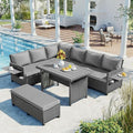 5-Piece Outdoor Patio Furniture Set with Dining Table&Bench, All-Weather PE Wicker Sofa w/2 Extendable SideTables&Cushions&Washable Covers, Rattan Conversation Couch for Backyard Yard, Gray