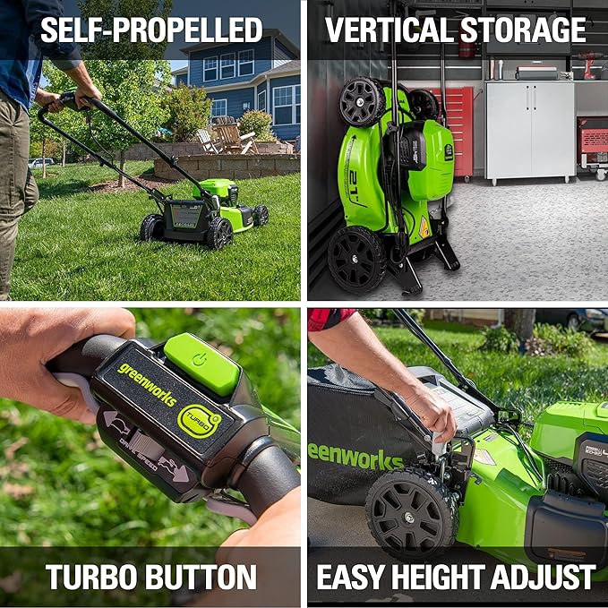 Greenworks 48V (2x24V) Cordless Yard Tool Combo - 21" Self - Propelled Mower, 12" Trimmer, Blower + 24V 500 Lumen Lantern
