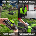 Greenworks 48V (2x24V) Cordless Yard Tool Combo - 21" Self - Propelled Push Mower, 12" Trimmer, Blower + 24V Cordless Battery Inflator