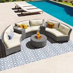 Outdoor 9 Pieces Patio Furniture Half Moon Wicker Sofa Sets, Fan-Shaped Curved Sectional Couch with Coffee Table&Beige Cushions, 1, Gray Rattan