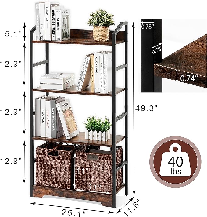 Vagusicc 4 Tier Bookshelf with 2 Storage Baskets, Tall Bookcase Shelf Storage Organizer Wood Book Shelf, Modern Shelf Rack Shelves with Steel Frame, Multipurpose Bookshelf for Bedroom Living Room