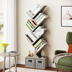 Vagusicc 6 Tier Tree Bookshelf - Retro Shelf Floor Standing Bookcase with Baskets, Tall Wood Book Storage Rack for Books/CDs, Tree Utility Book Organizer Shelves for Living Room, Home Office, Bedroom