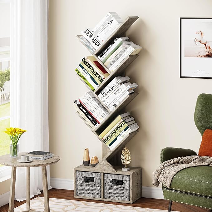 Vagusicc 6 Tier Tree Bookshelf - Retro Shelf Floor Standing Bookcase with Baskets, Tall Wood Book Storage Rack for Books/CDs, Tree Utility Book Organizer Shelves for Living Room, Home Office, Bedroom