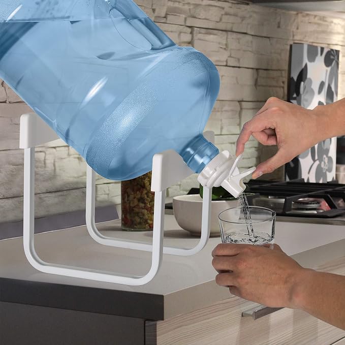 Brio Stainless Steel 3-5 Gallon Water Jug Stand and 2 Dispenser Valves, Non Slip Stand with BPA Free Fast Flow Water Spout Fits Both 48mm and 55mm Bottles 2 CAPS Included (White), 12 inches