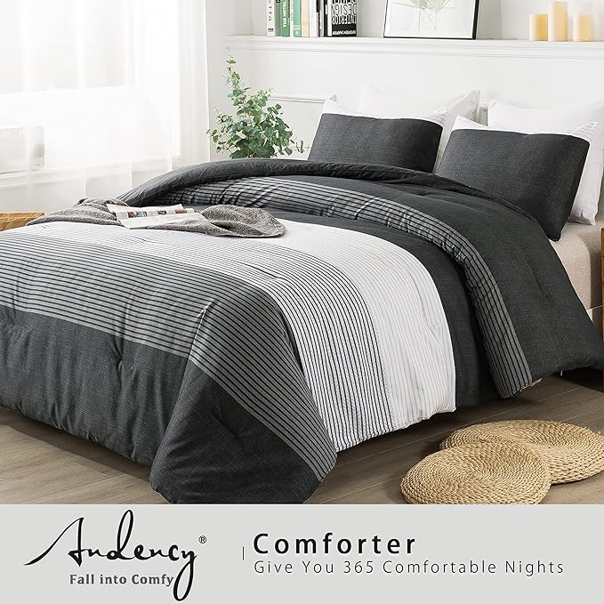 Andency Full Size Comforter Set,3 Pieces Black White Gray Patchwork Striped Comforter(79x90 Inch), Soft Microfiber Down Alternative Full Comforter Bedding Sets with Corner Loops