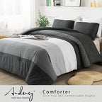 Andency Black Comforter King Size, 3 Pieces Black White Gray Patchwork Striped Comforter (104x90 Inch), Soft Microfiber Down Alternative King Comforter Bedding Sets with Corner Loops