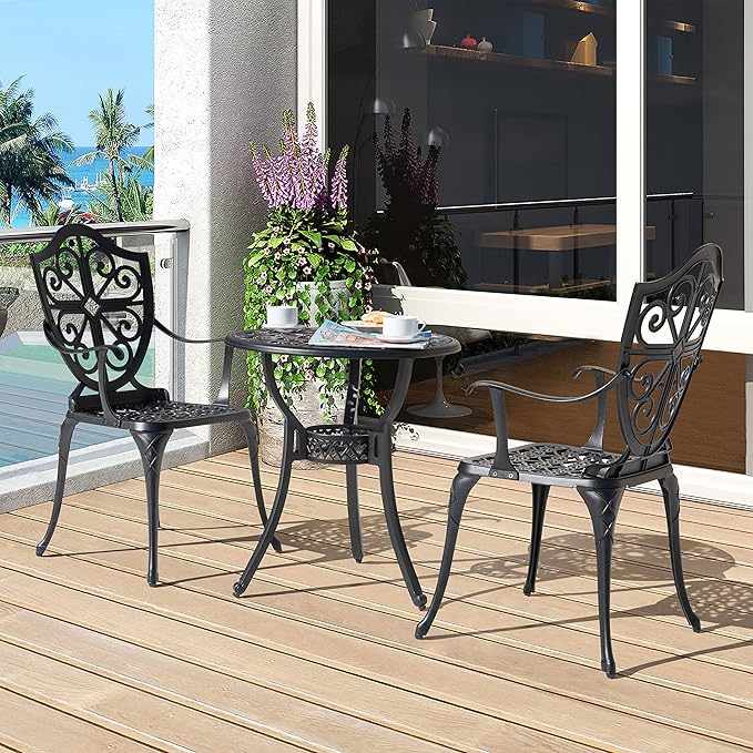 NUU GARDEN 3 Piece Outdoor Bistro Set All Weather Cast Aluminum Patio Set Bistro Table Set Rustproof Patio Table and Chairs with Umbrella Hole for Backyard, Balcony, Front Porch, Black