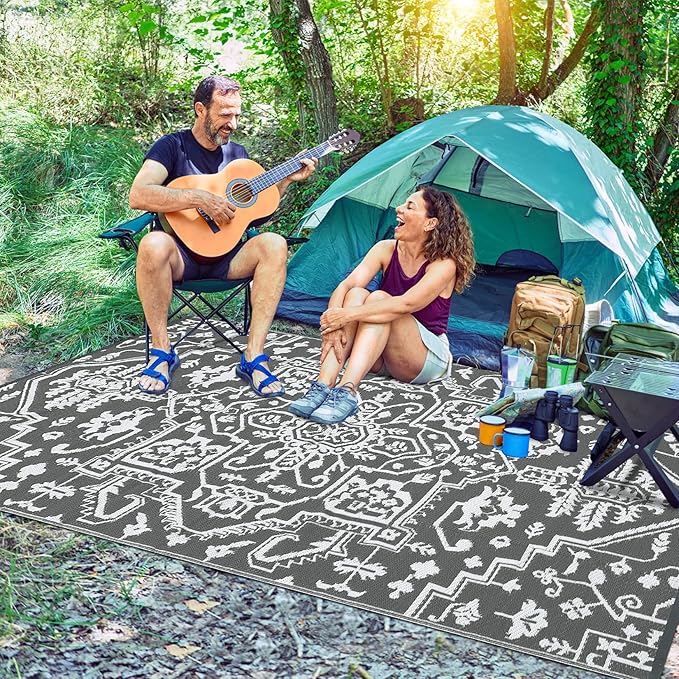 Waterproof Outdoor Rug 9x18 Reversible Plastic Straw Patio Rug, Stain-Resistant Vintage Medallion Carpet, Large Indoor Outdoor RV Mat for Deck, Camping, Balcony, Grey White