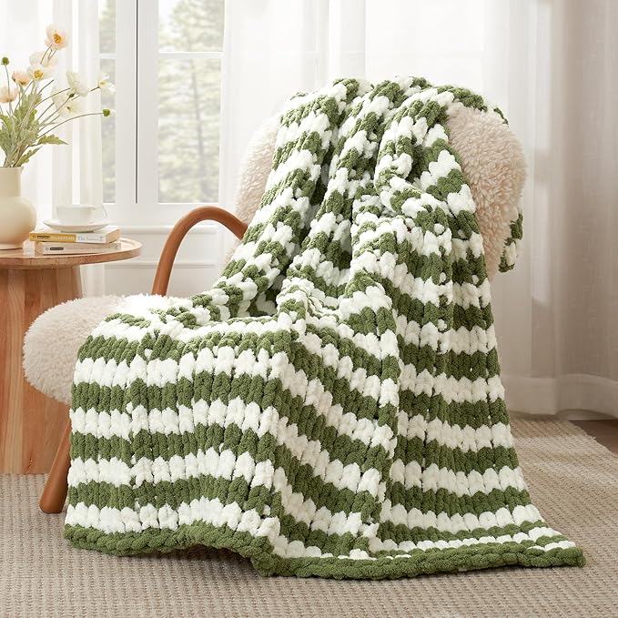 Amélie Home Chunky Knit Throw Blanket for Couch, Soft Chenille Crochet Blanket for Sofa, 50"x60", Sage Green & White Striped