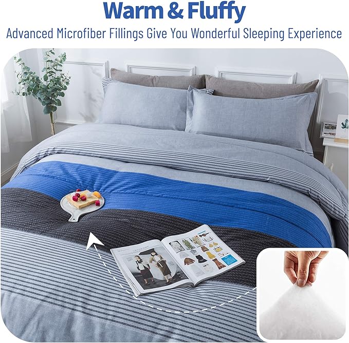 Andency Stripe Comforter Set Queen Size (90x90 Inch), 3 Pieces Gray and Blue Patchwork Striped Comforter, Soft Microfiber Down Alternative Comforter Bedding Set with Corner Loops
