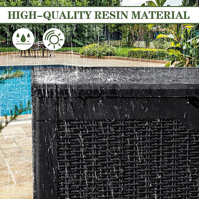 Greesum 100 Gallon Resin Deck Box Large Outdoor Storage, Imitation Rattan Weave Texture for Patio Furniture, Garden Tools, Pool Supplies, Weatherproof and UV Resistant, Lockable, Dark Black