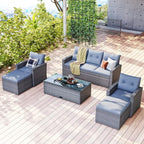 Merax Furniture 6-Piece All-Weather PE Rattan Patio Outdoor Conversation Set with Coffee Table,Wicker Sofas,Ottomans,Removable Cushions,Grey