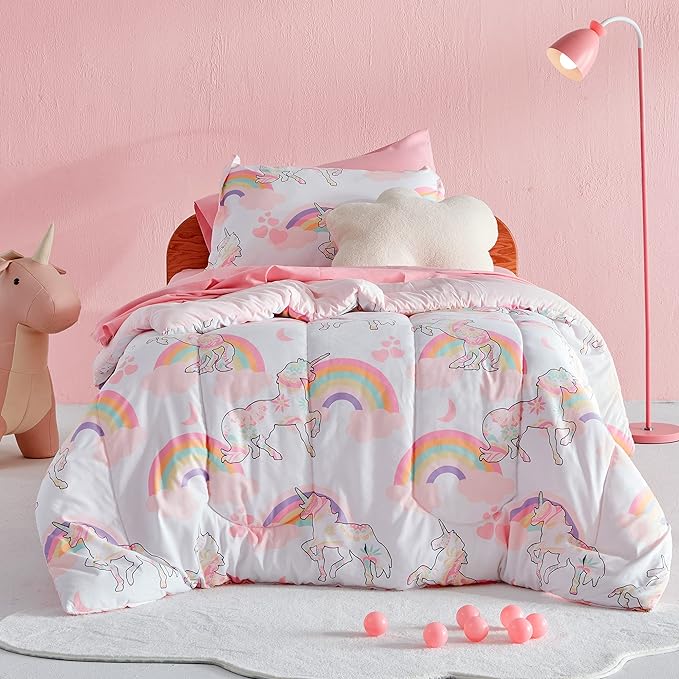 SLEEP ZONE Kids Bedding Comforter Set Full/Queen Size - Super Cute & Soft Kids Bedding 7 Pieces Set with Comforter, Sheet, Pillowcase & Sham (Pink Unicorn)