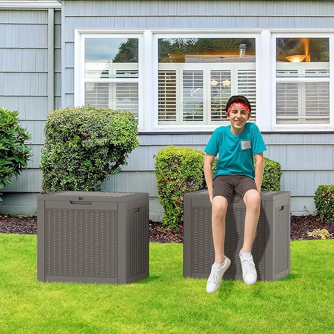 NUNU LAB 32 Gallon Resin Deck Box 2 Pack Outdoor Indoor Waterproof Storage Box for Patio Cushions, Garden Tools, Pool Accessories,Backyard Storage Bin,Grey