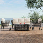 Furniture 4-Piece Outdoor Patio Conversation Seating for 5 Person and Coffee Table, Rattan Chair Wicker Sofa Bistro Sets for Porch, Backyard and Garden, Grey