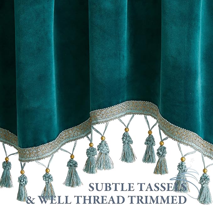 Teal Tassel Velvet Valances Curtains 52x18 Inch 2 Panels | Super Soft Thick Fabric, Privacy Light Dimming Window Drapes for Living Room, Bedroom, Kitchen, Bathroom, Rod Pocket