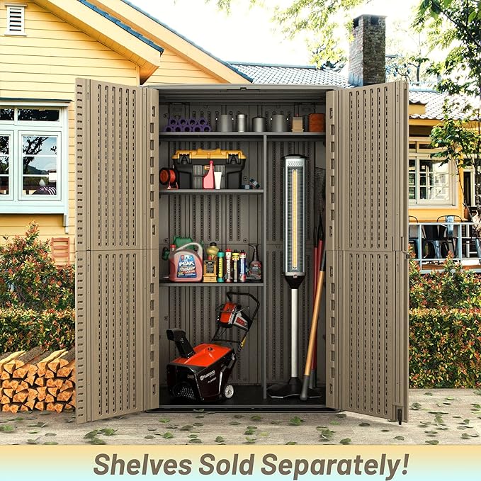 ADDOK Outdoor Storage Sheds Waterproof,Resin Outdoor Storage Cabinet Lockable, Double-Layer Storage Shed for Patios/Generator/Long-Handled Tools