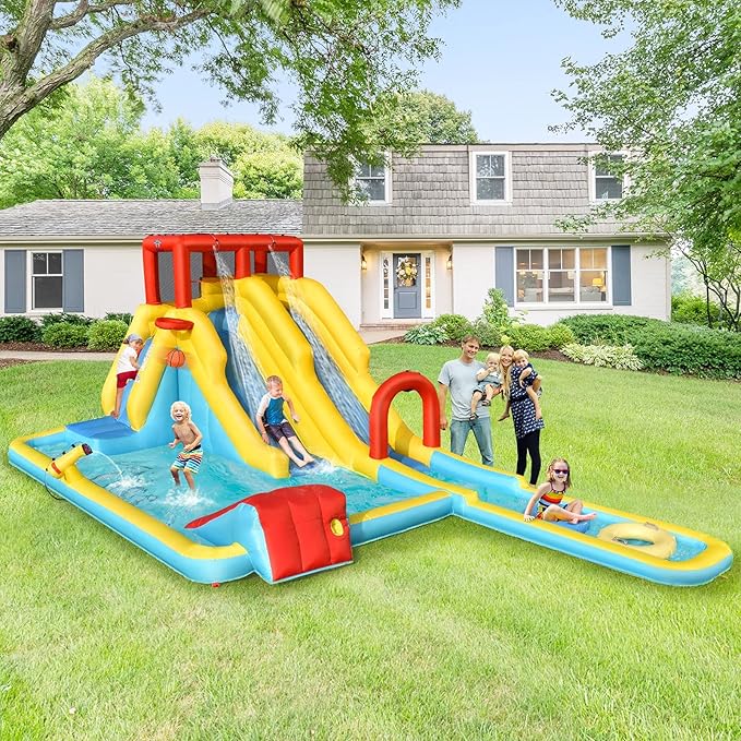 BOUNTECH Inflatable Water Slide, Dual Surfing Slides Kids Water Slide Park Jump Bouncy Castle w/2 Swimming Rings, Large Splash Pool, Backyard Outdoor Blow up Water Slides Inflatables for Big Kids