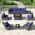 Kullavik 11PCS Outdoor Patio Furniture Set,PE Wicker Rattan Sectional Sofa Patio Conversation Sets with 43" 55000BTU Gas Propane Fire Pit Table,Swivel Rocking Chairs Set,Navy Blue