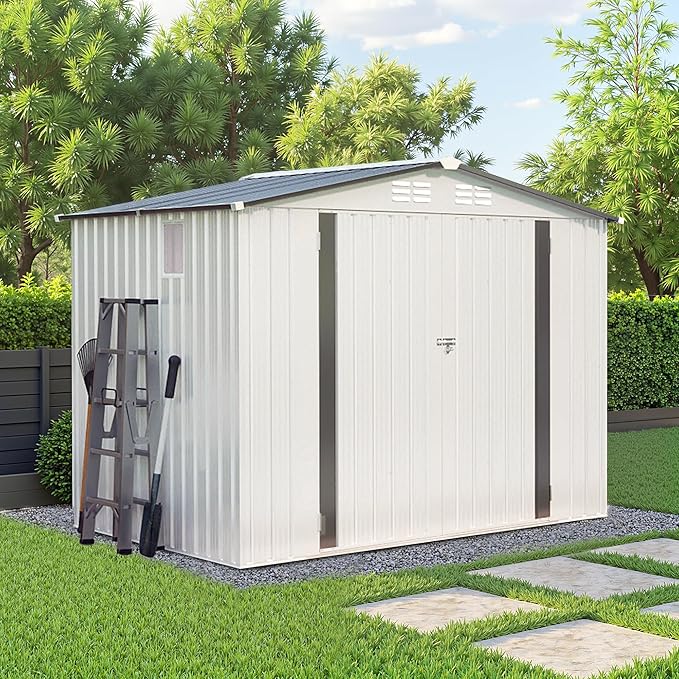 8x6 FT Outdoor Metal Storage Shed, Tool Shed with Peaked Roof and Lockable Door, Compact Garden Shed with Clear Window for Backyard Garden Patio Lawn, White+Gray