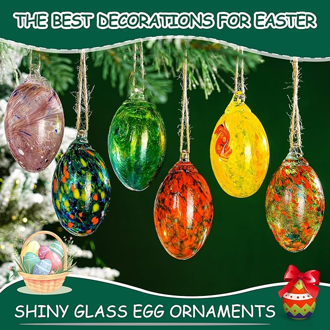 6PCS Hand Blown Glass Egg Ornaments Colorful Hanging Ornament Balls Gazing Ball Friendship Ball Decor for Garden Patio Window Christmas Tree
