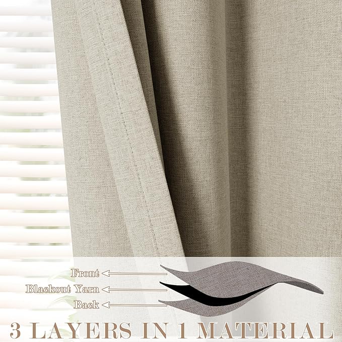 70" W x 108" L Faux Linen Room Divider Curtains, Full Blackout Pinch Pleated Drapes for Traverse Rod, Bedroom Divider Privacy Drapery with Hooks for Ceiling Track, 1 Panel, Beige