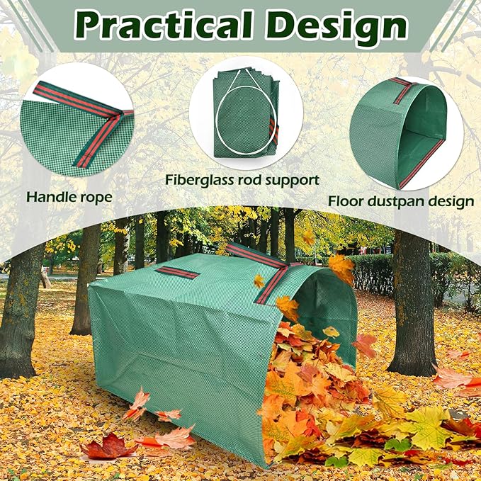 2 Pack 53 Gallons Leaf Bags, Reusable Yard Waste Bags Large Capacity Semi-Circular Dustpan-Type Lawn Bags for Collecting Leaves Sturdy & Waterproof Yard with A Pair of Gloves
