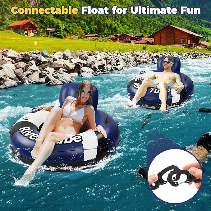 2025 New & Upgraded River Tubes for Floating Heavy Duty, Inflatable Float for Beach Lake Rafting, Fool Floats with Mesh Bottom, Cup Holder, Backrest